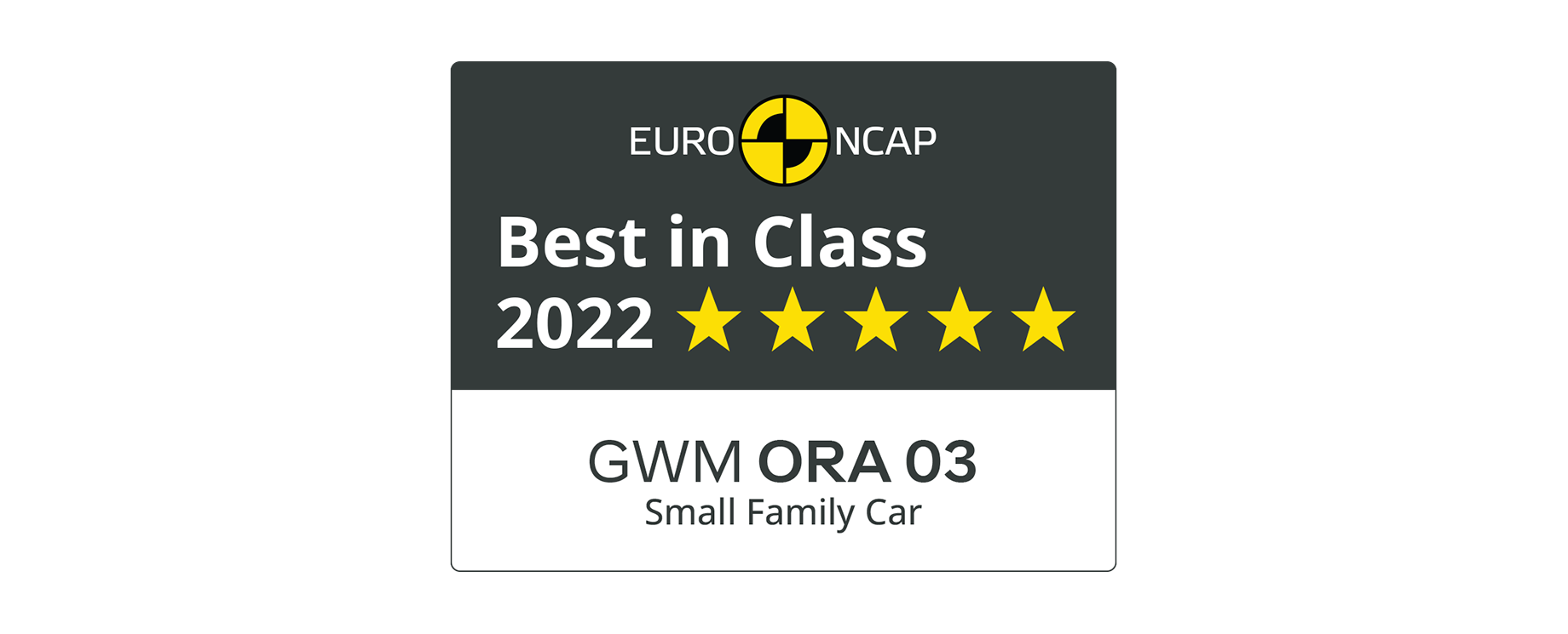 euro ncap logo som visar att ora blev bäst i klassen med fem stjärnor inom kategorin små familjebilar år 2022